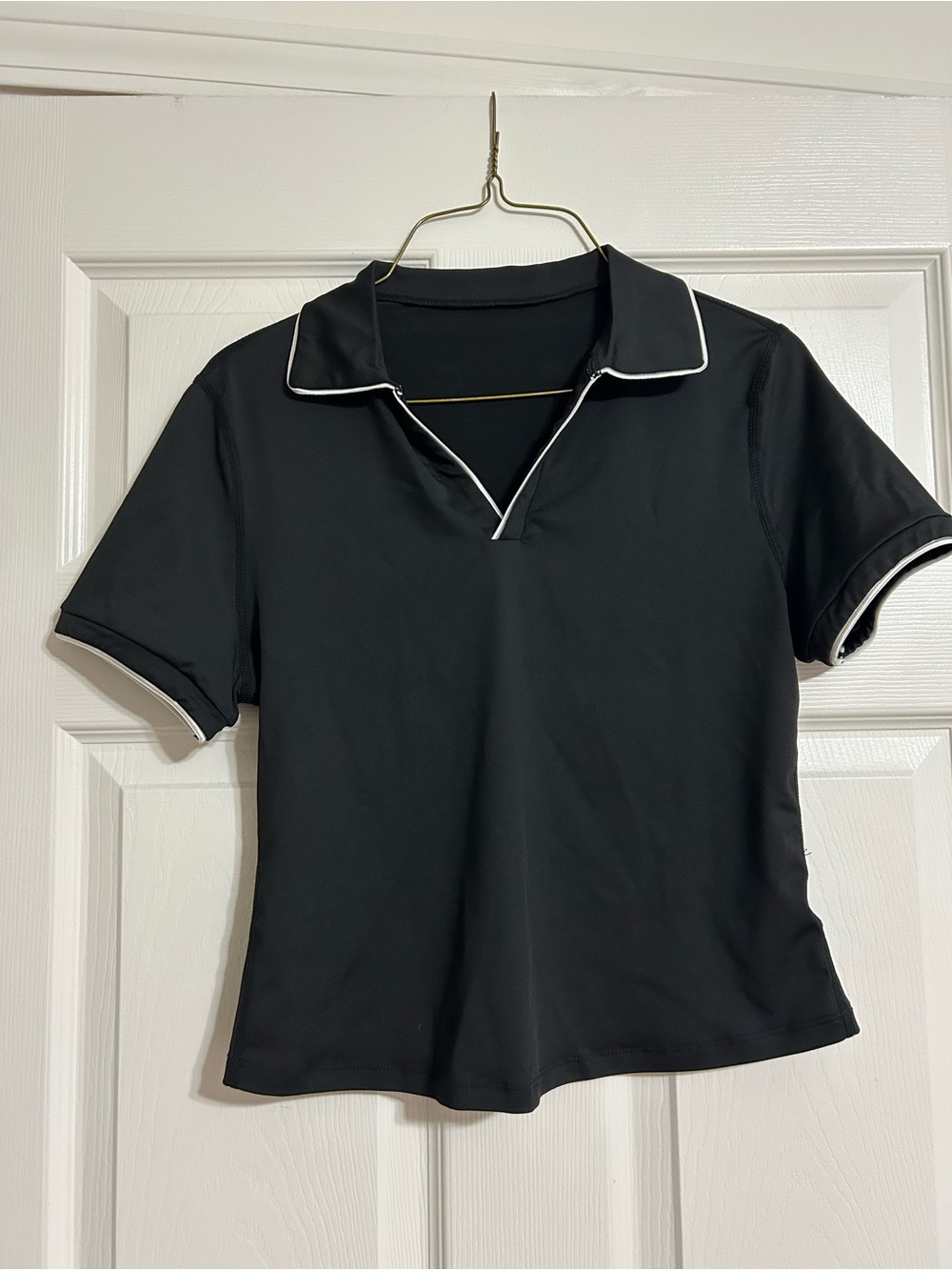 Black Polo-Style Short Sleeve Top with White Trim